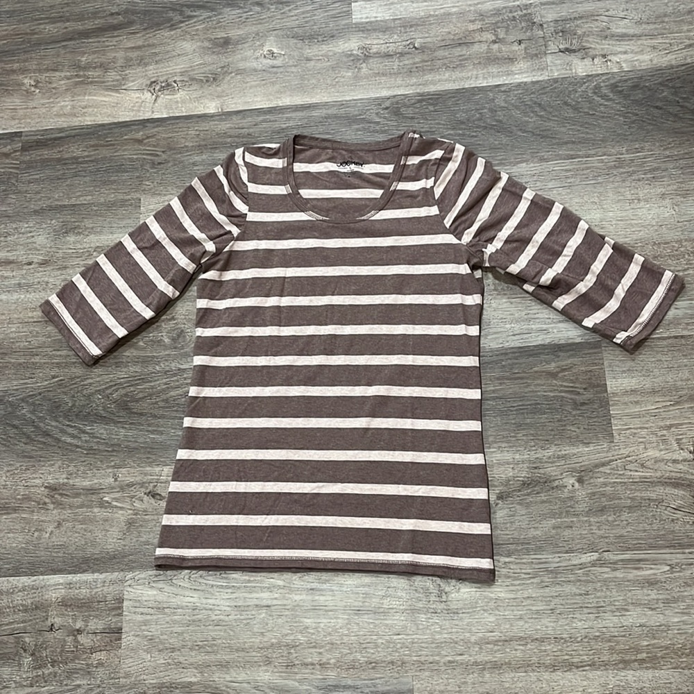 Jockey 3/4 Length Scoop Neck Tee Brown Stripes Size Large